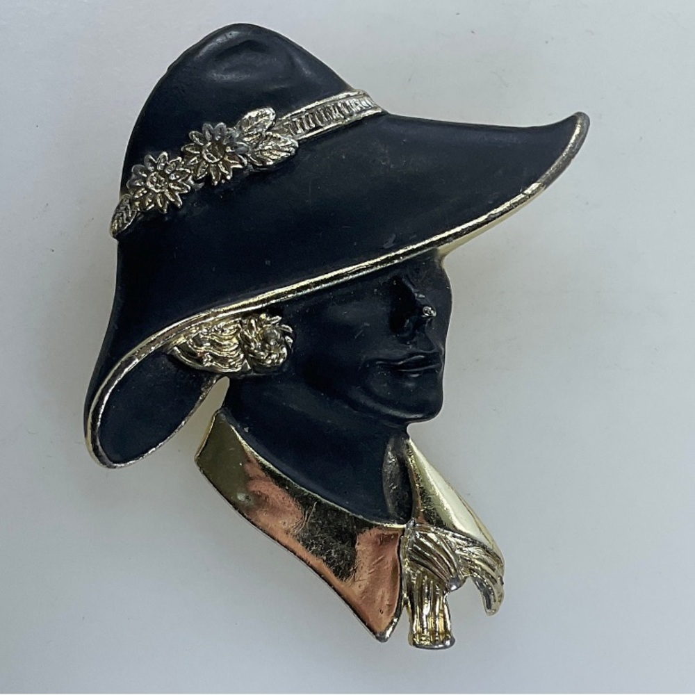 Signed Torino Lady in Wide Brim Hat Brooch Black Enamel Gold Tone Vintage